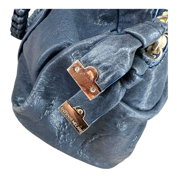 Antonio Melani Navy Leather Zip Bag Hobo Shoulder Bag Y2K Boho Gypsy Braided - Picture 5 of 16